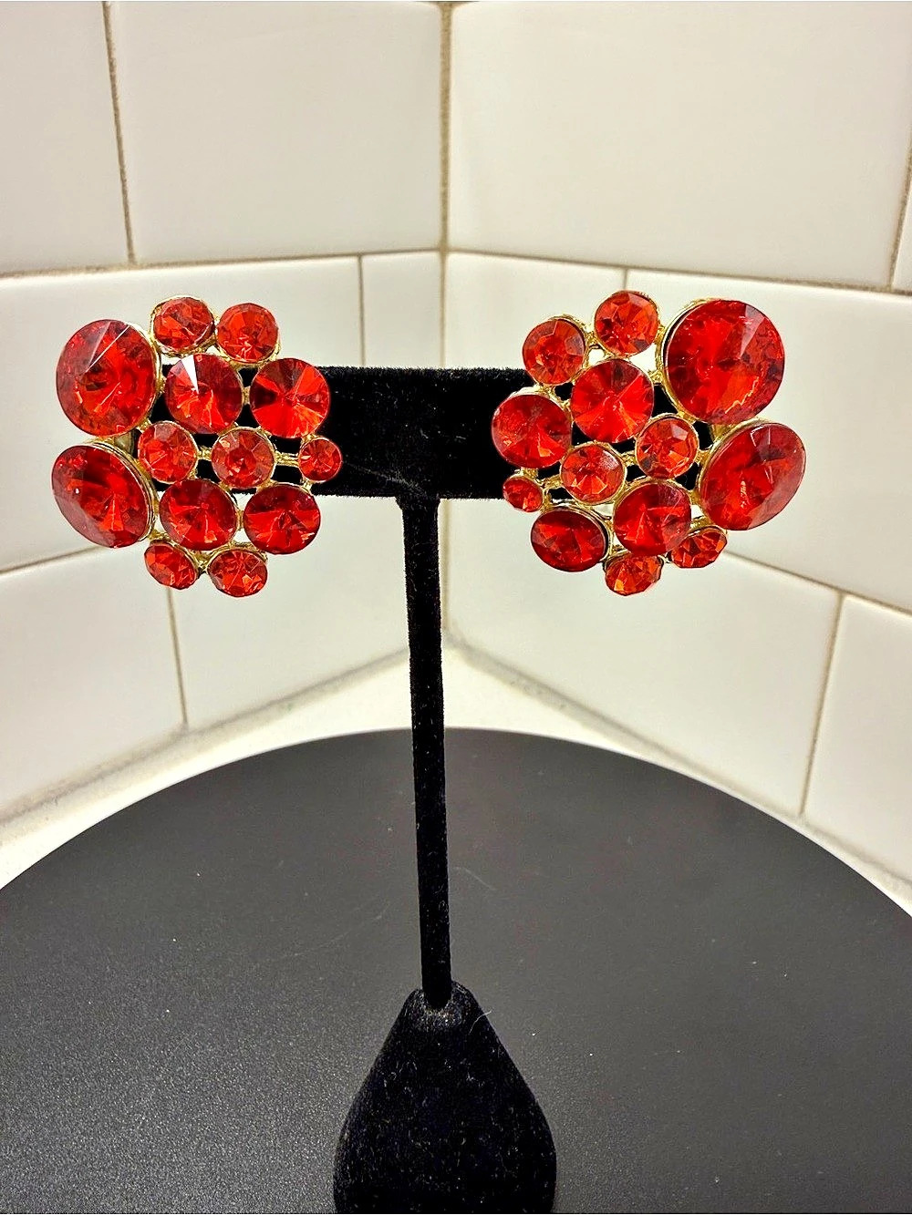 Red Cluster Clip-On Earrings Like New